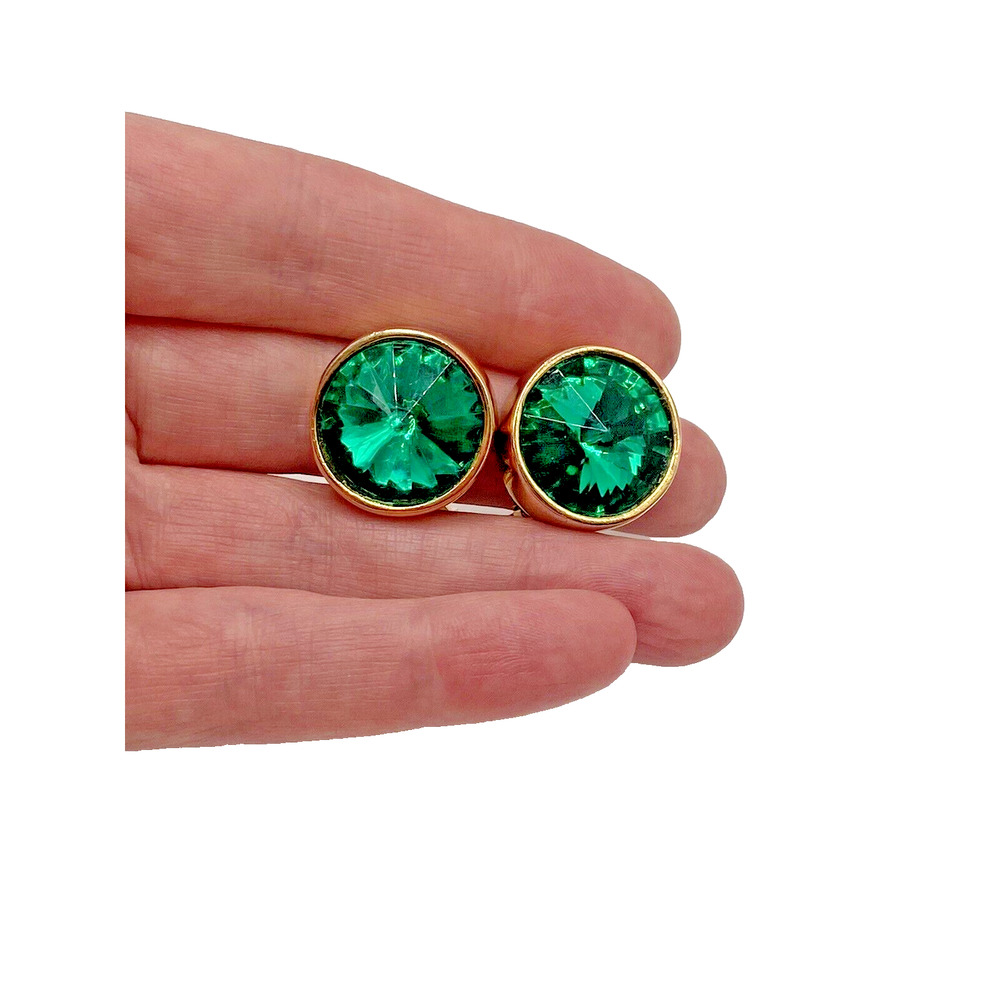 Vintage Gold Tone Rivoli Rhinestone Green Clip On Earrings Retro 1980s Designer